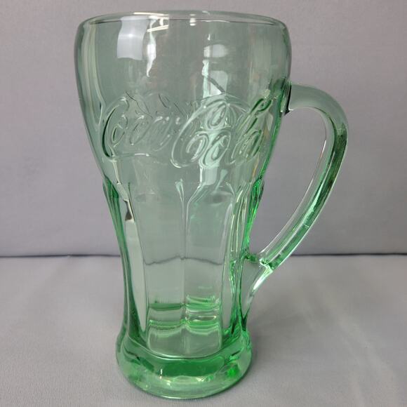 Libbey Coca Cola Glass Mug 16 fl oz Handled Green Tint Heavy 6.25" Tall Embossed - Picture 3 of 12